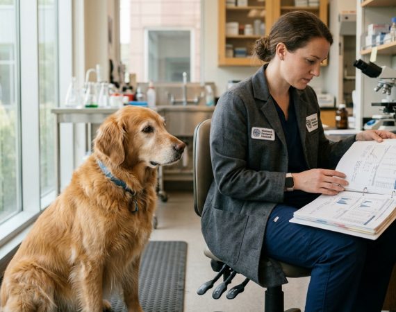Veterinary longevity researcher evaluating biomarker diagnostics and rapamycin protocol data in clinical canine laboratory
