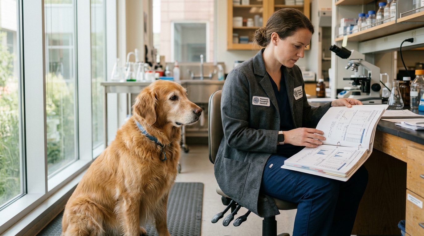 Veterinary longevity researcher evaluating biomarker diagnostics and rapamycin protocol data in clinical canine laboratory