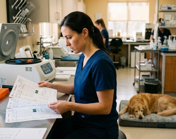 Veterinarian evaluating canine SDMA and creatinine bloodwork diagnostics in clinical laboratory setting
