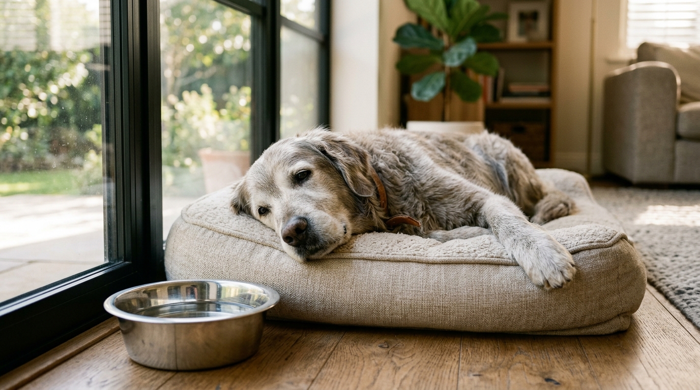 Dignified senior dog resting comfortably on an orthopedic bed near a water bowl, representing canine renal and kidney longevity care