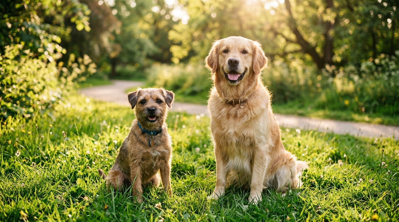 Small terrier mix sitting next to a large golden retriever outdoors, illustrating comparative aging rates between dog breeds