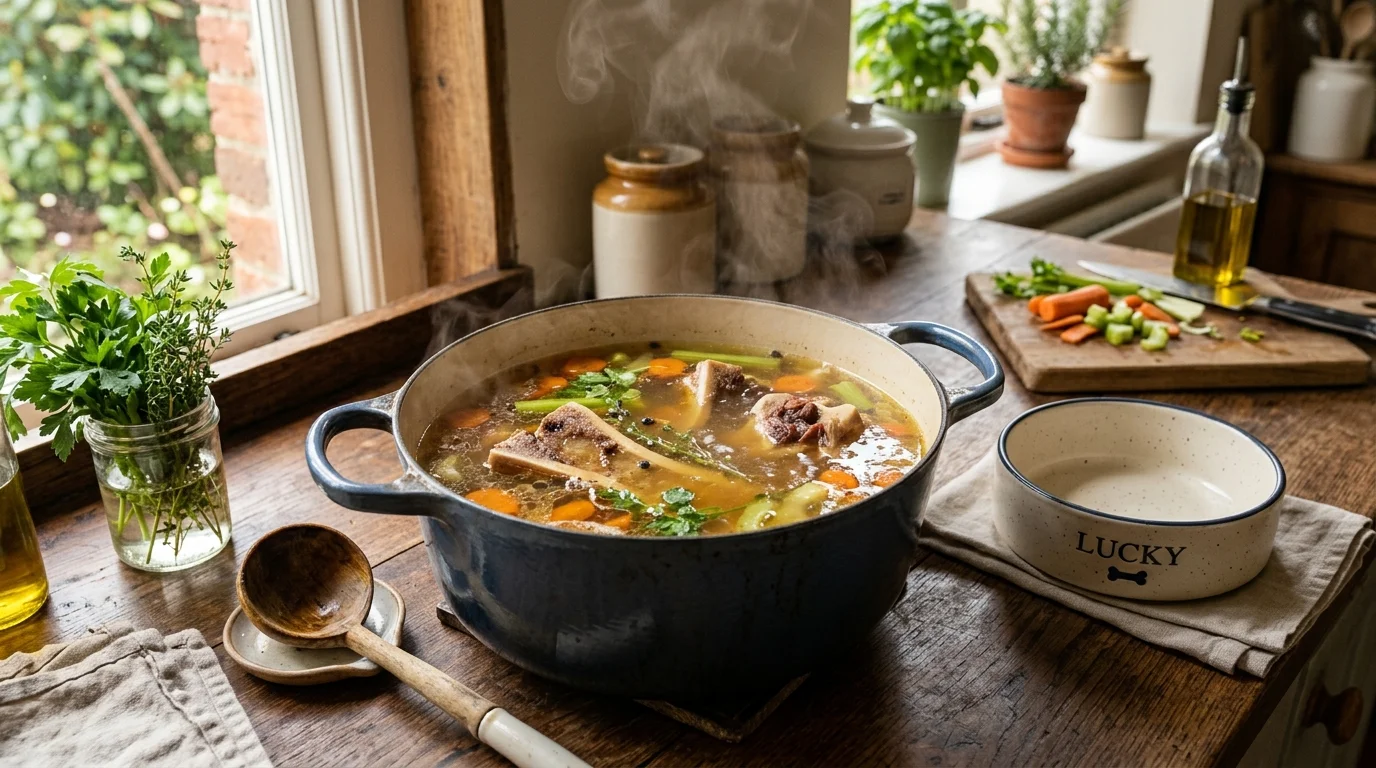 Pot of homemade golden canine bone broth with beef marrow bones on kitchen counter