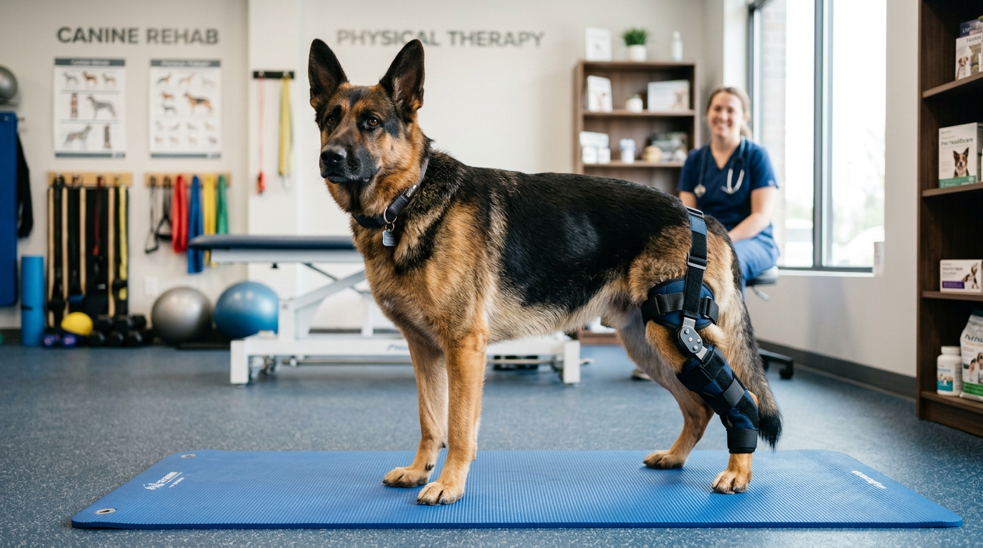German Shepherd with Custom Stifle Joint Support Brace in Physical Therapy