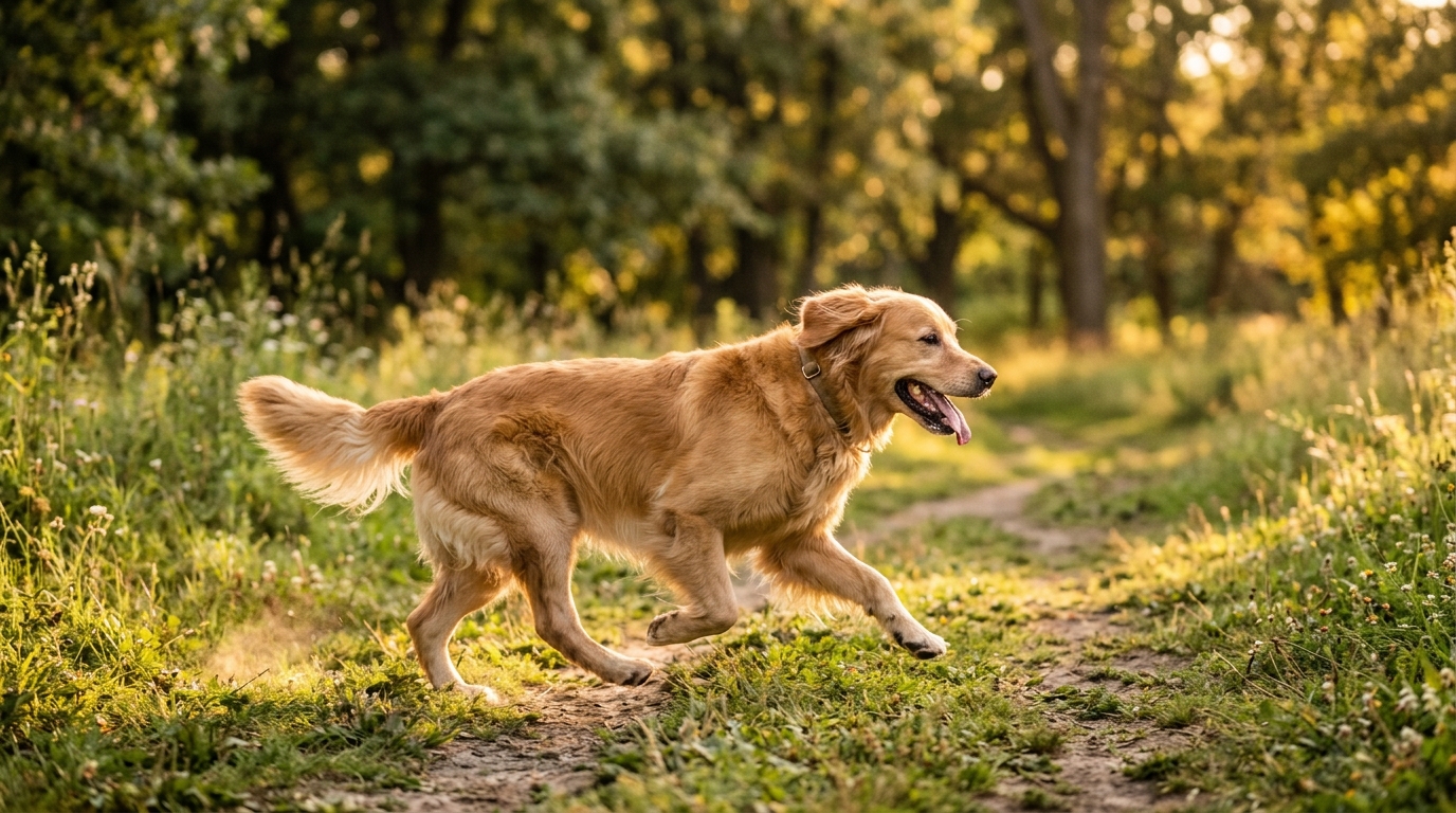 Healthy Active Senior Golden Retriever Jogging in Sunlit Park