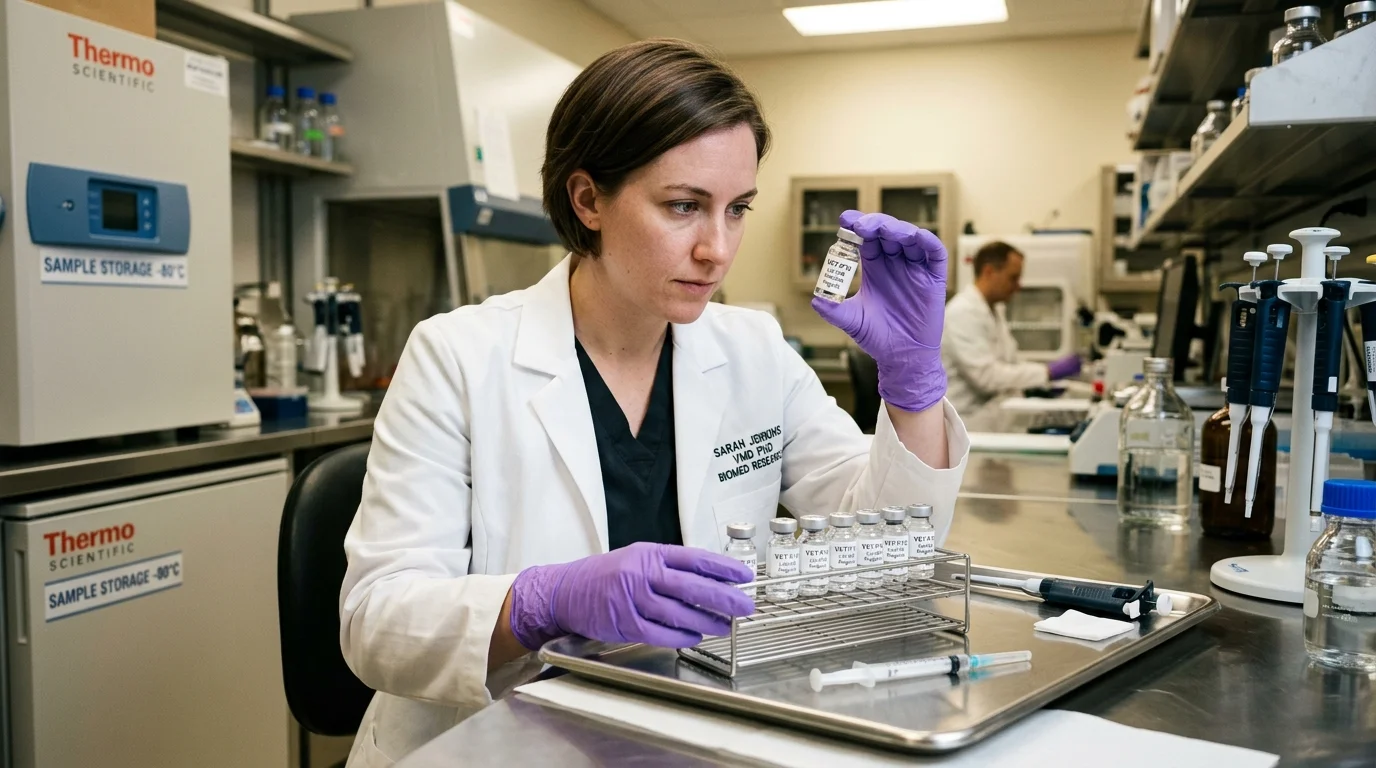 Veterinary medical researcher in sterile laboratory inspecting peptide solution vials
