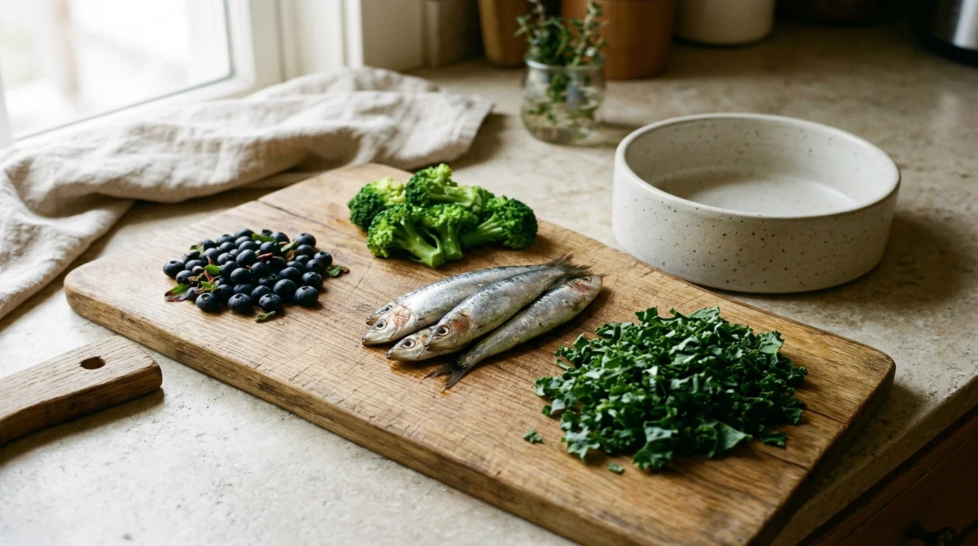 Fresh canine longevity superfoods including blueberries, steamed broccoli, sardines and kale