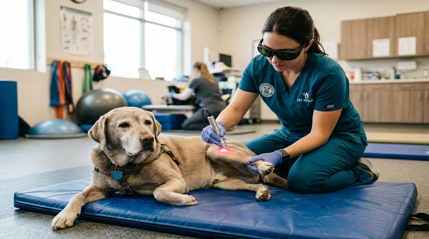 Veterinary rehabilitation therapist applying Class IV cold laser therapy wand to senior dog hip joint