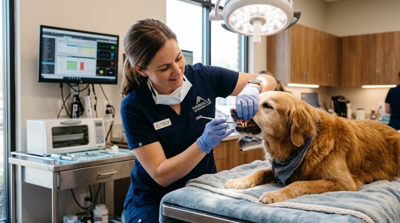 Veterinarian Carefully Examining Senior Dog Teeth in Modern Clinic