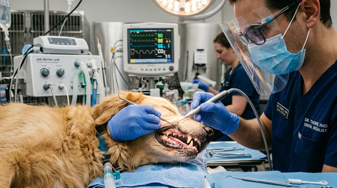 Veterinarian performing professional ultrasonic dental scaling on canine teeth in dental suite