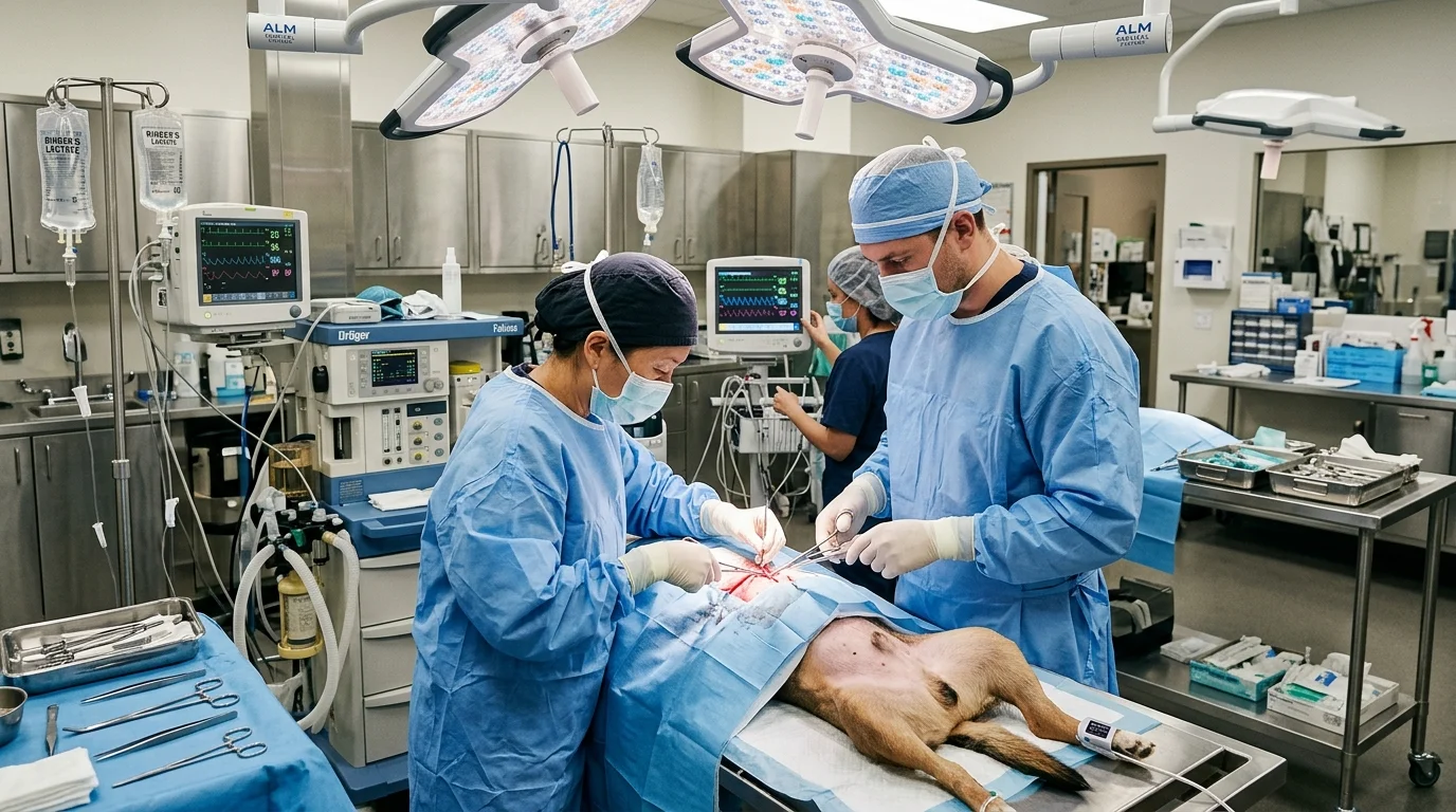 Veterinary surgical team performing delicate soft-tissue procedure in animal hospital surgical theater