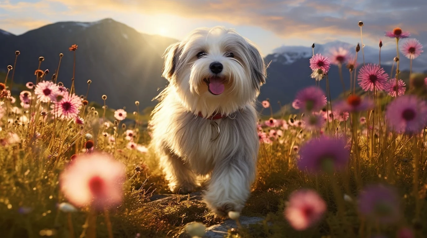 Healthy Senior Golden Retriever Sitting in Autumn Meadow Sunlight