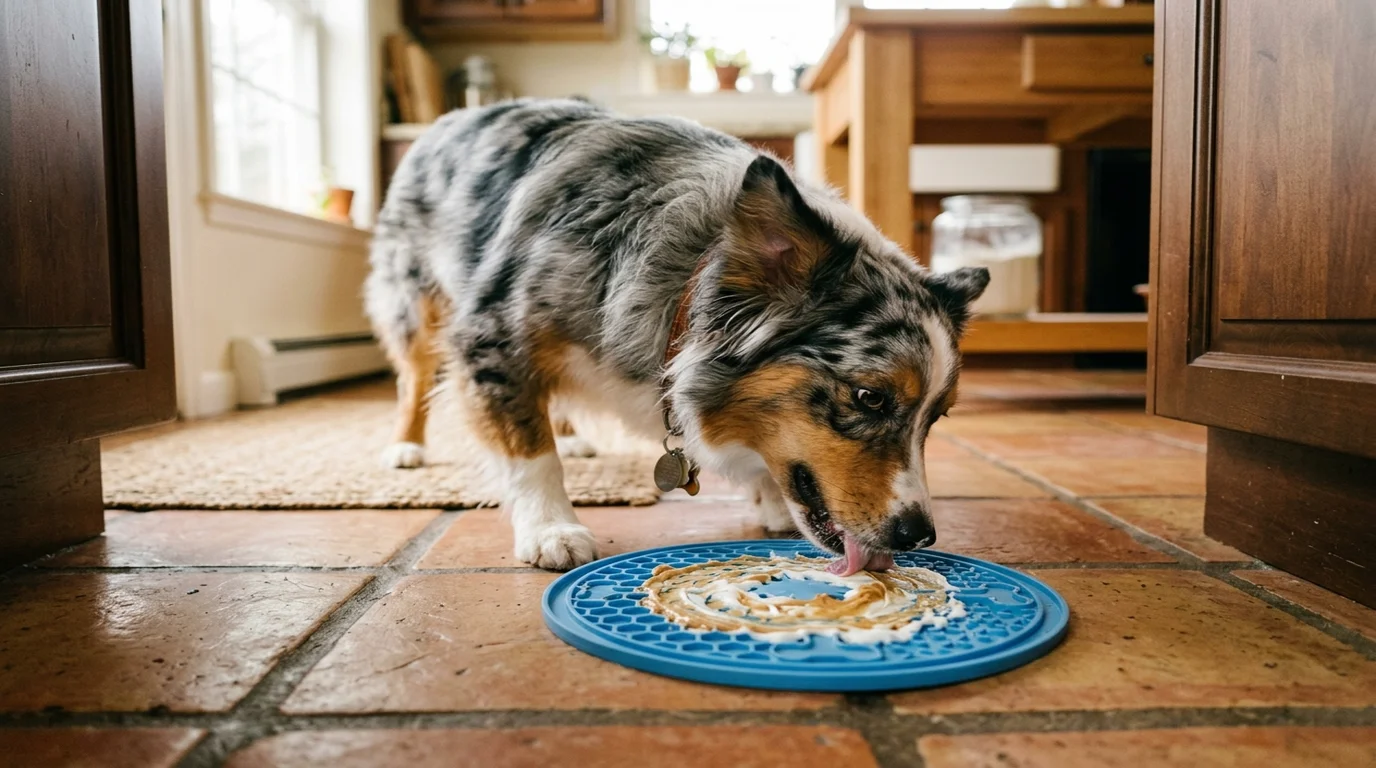Australian Shepherd dog licking peanut butter and yogurt from blue textured silicone canine lick mat