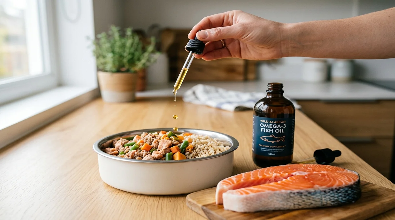 Fresh wild Alaskan salmon fillet and amber omega-3 fish oil being added to dog food bowl