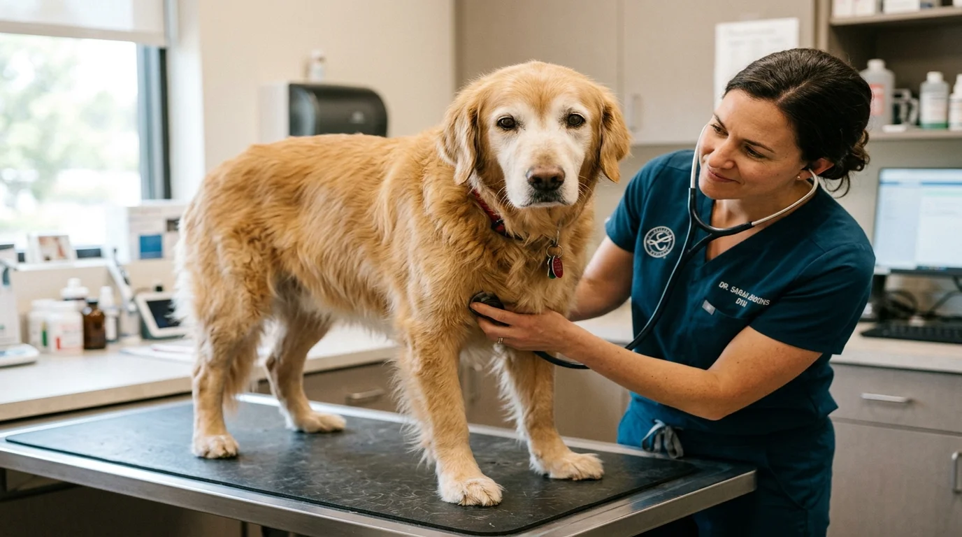Compassionate veterinarian examining senior golden dog with stethoscope in clinical veterinary exam room