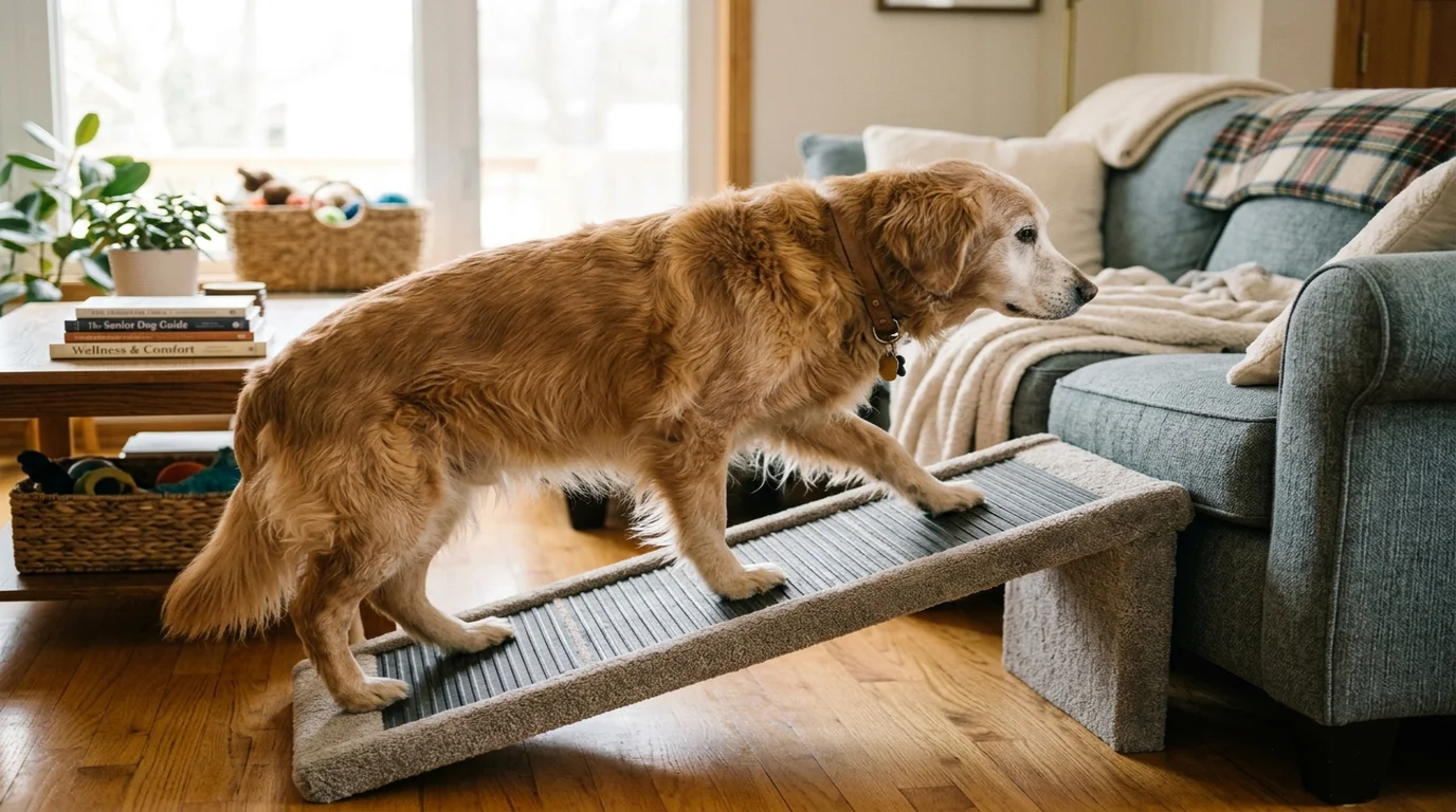 Senior golden retriever walking steadily up a carpeted indoor pet ramp with non-slip traction