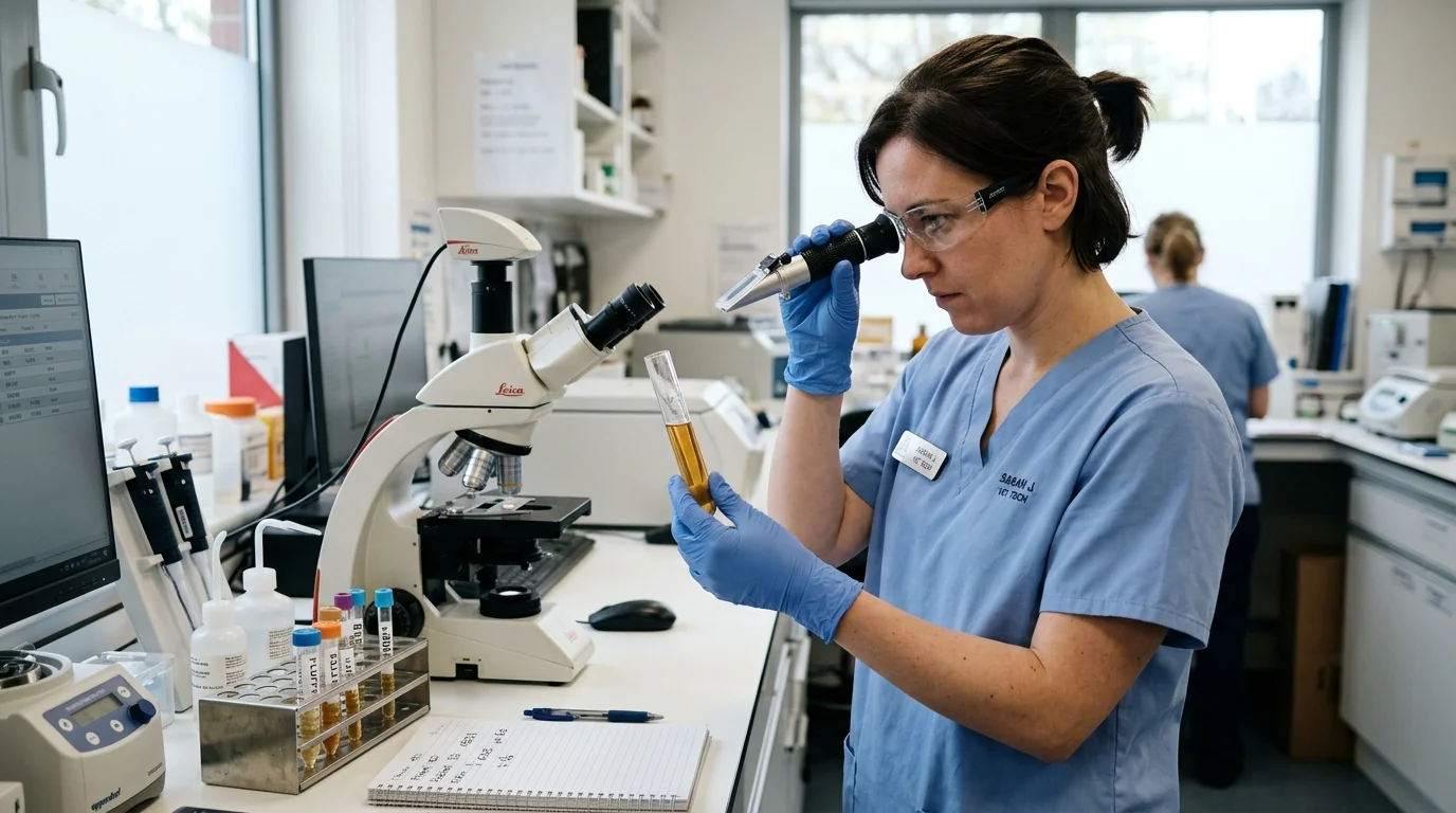 Veterinary laboratory technician inspecting sterile urine specimen tube and optical refractometer
