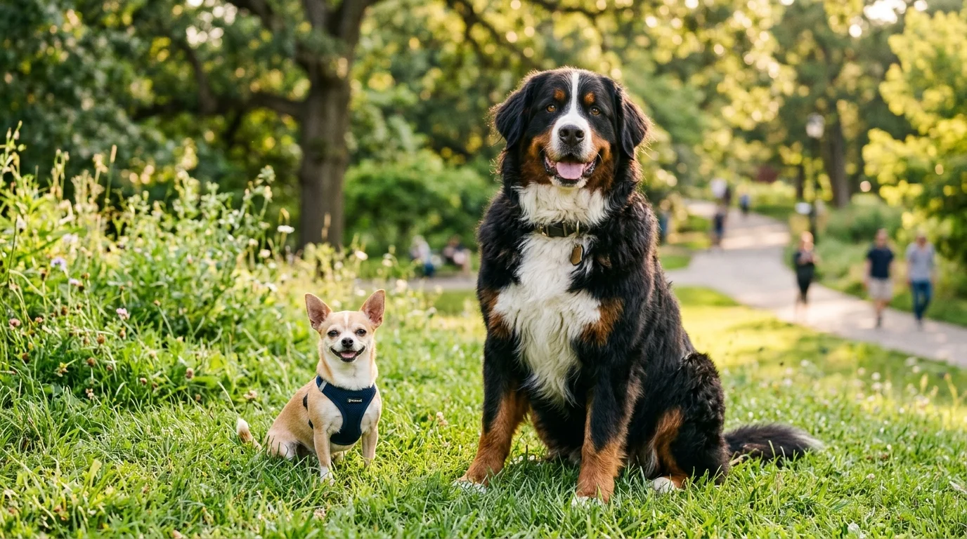 Healthy small Chihuahua sitting happily side by side with large gentle Bernese Mountain Dog outdoors
