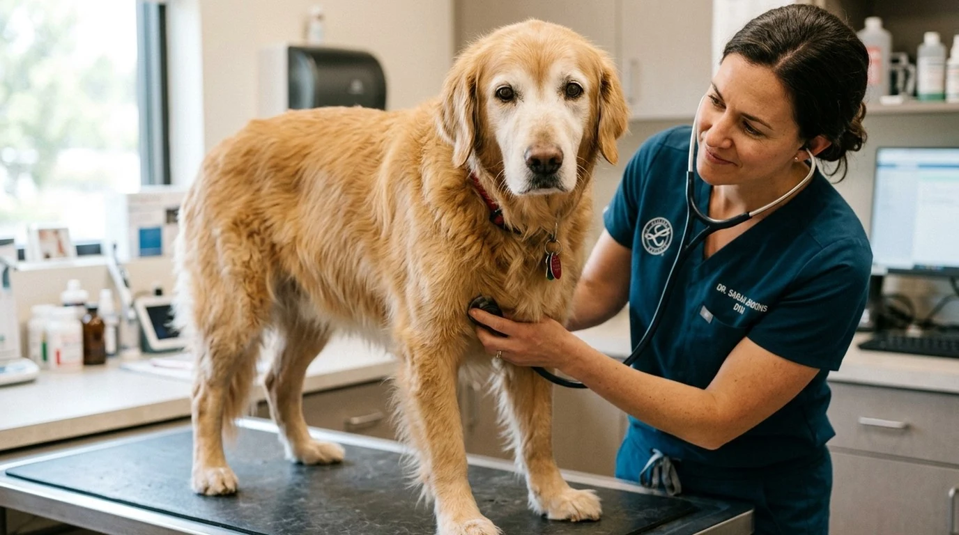 Veterinary clinical assessment of canine patient during abdominal health examination